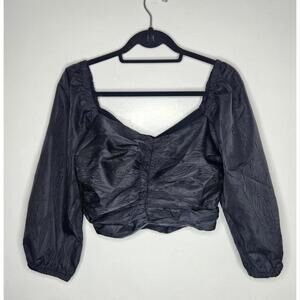 J.Crew Blouse Womens 8 Black Jacquard Puff Sleeve Ruched Sweetheart Crop Top